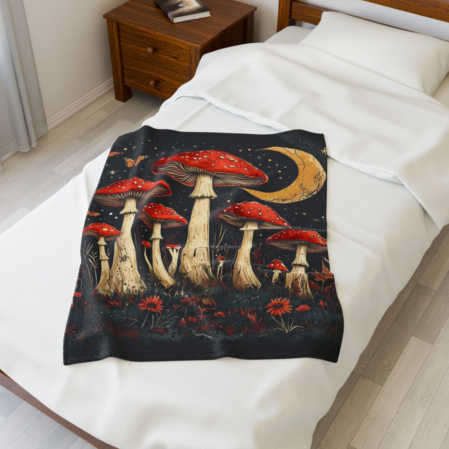Boho Mushroom Moon - Velveteen Plush Blanket