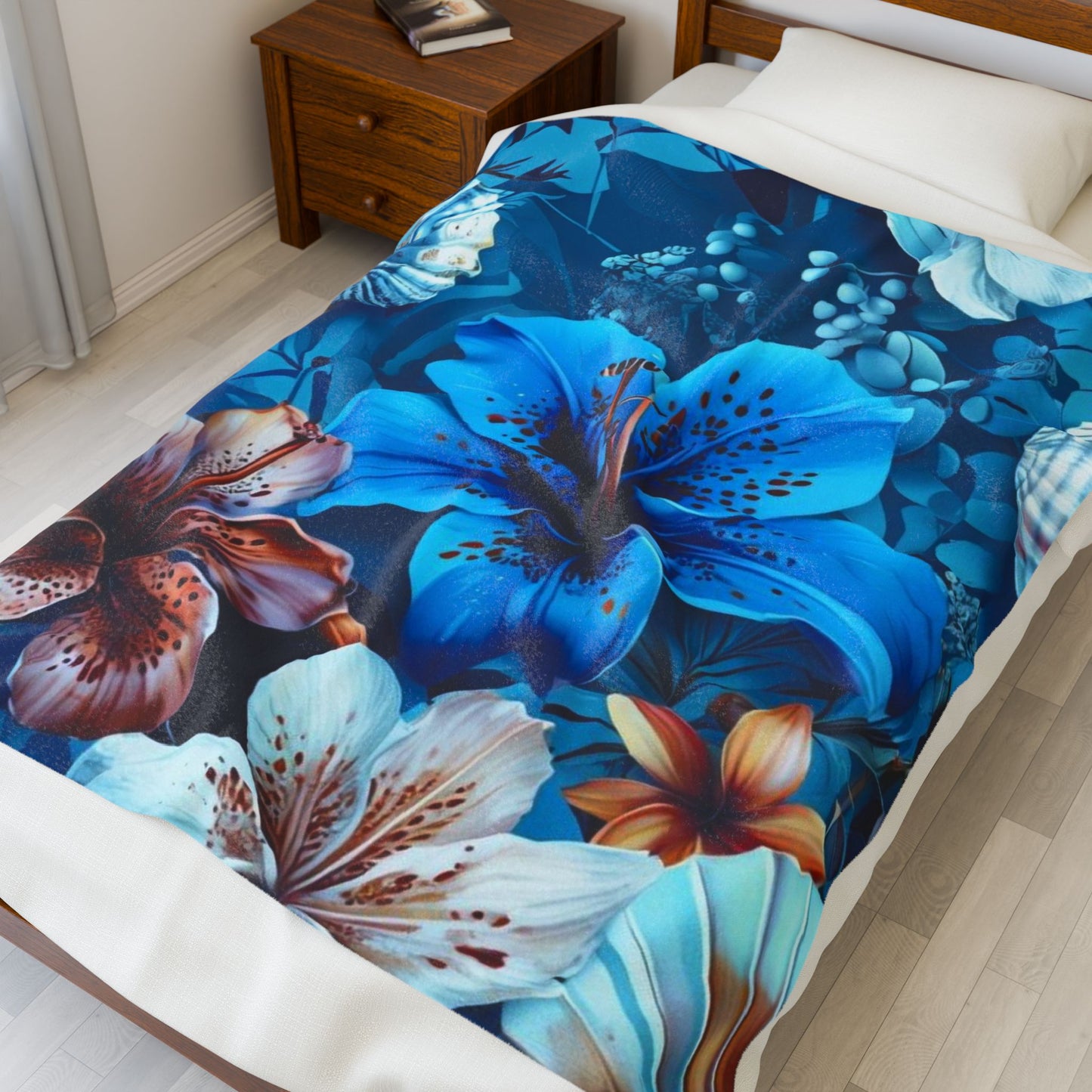 Blue Floral Fantasy - Velveteen Plush Blanket