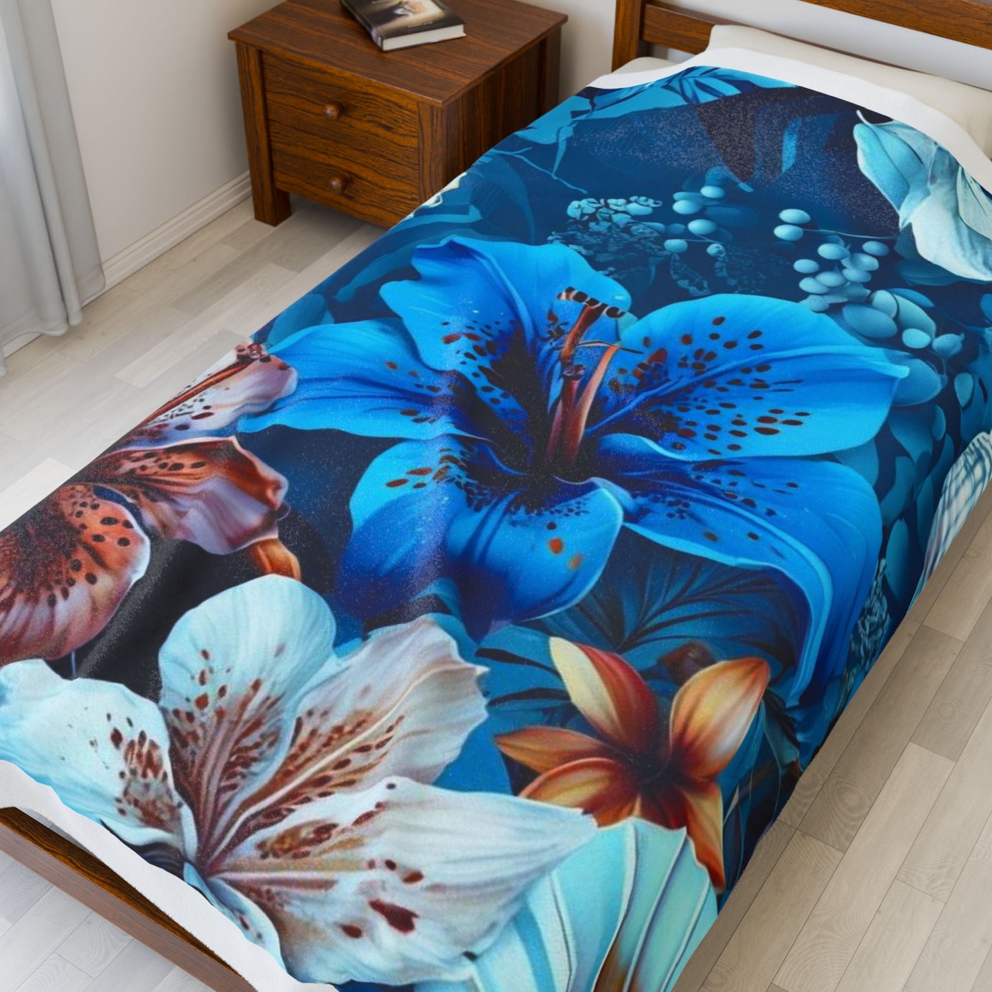 Blue Floral Fantasy - Velveteen Plush Blanket