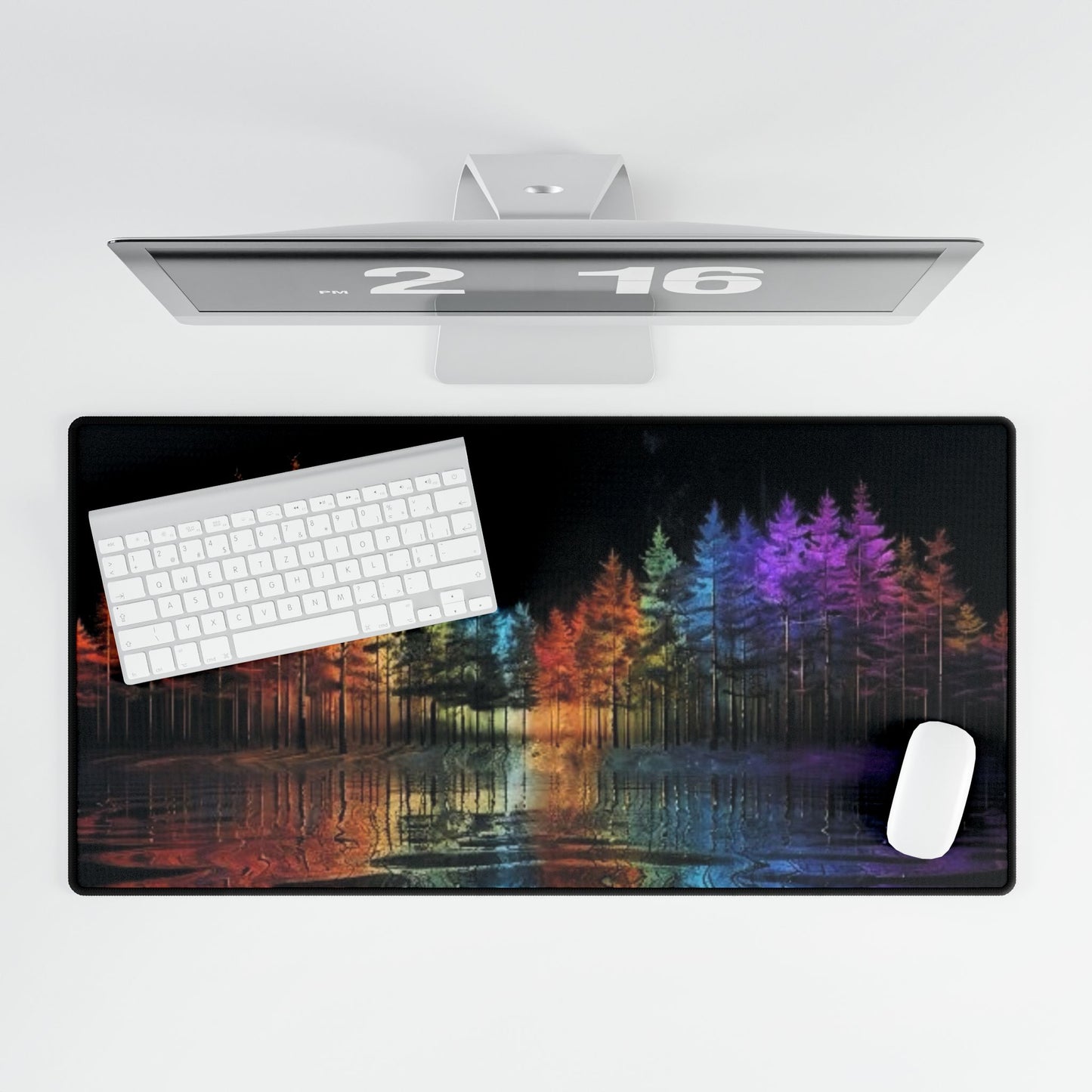 Dreamy Neon Forest Reflection - Desk Mat