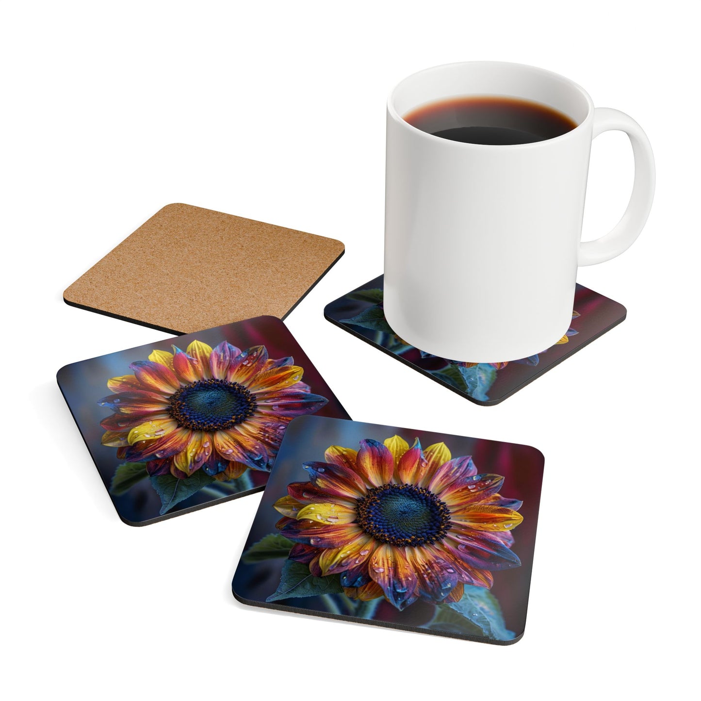 Vibrant Sunflower with Water Droplets - Coaster Set