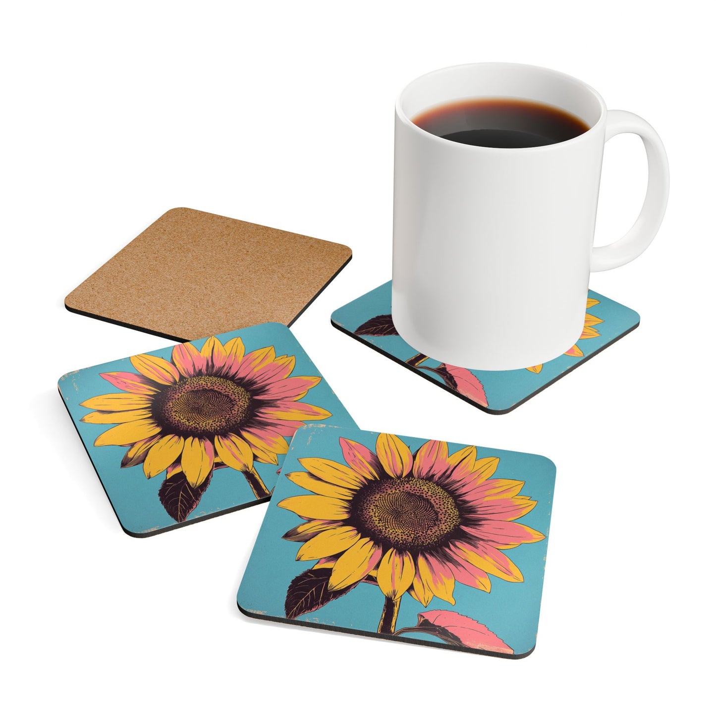 Vibrant Sunflower Retro Art Print - Coaster Set