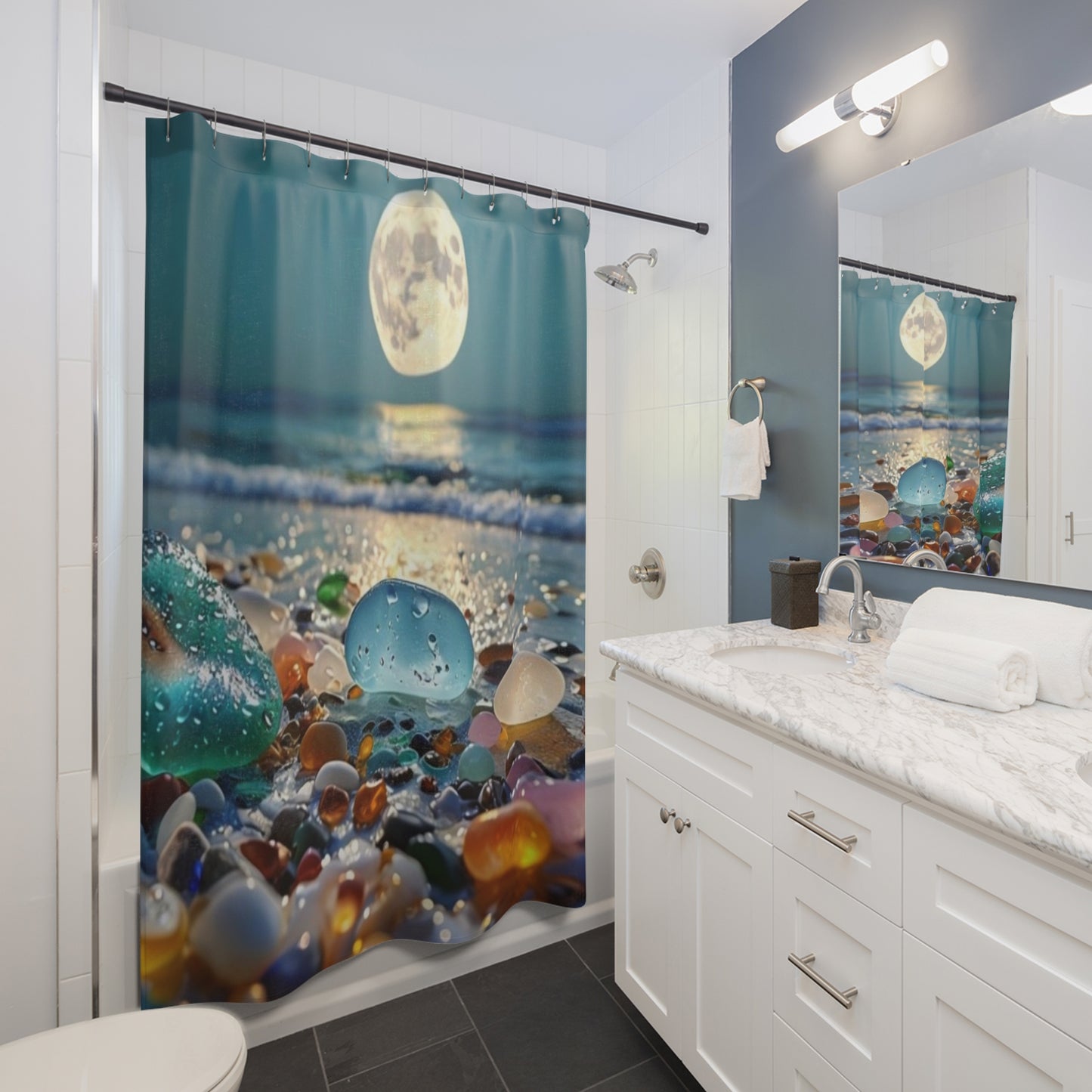 Moonlit Sea Glass Beach - Shower Curtain