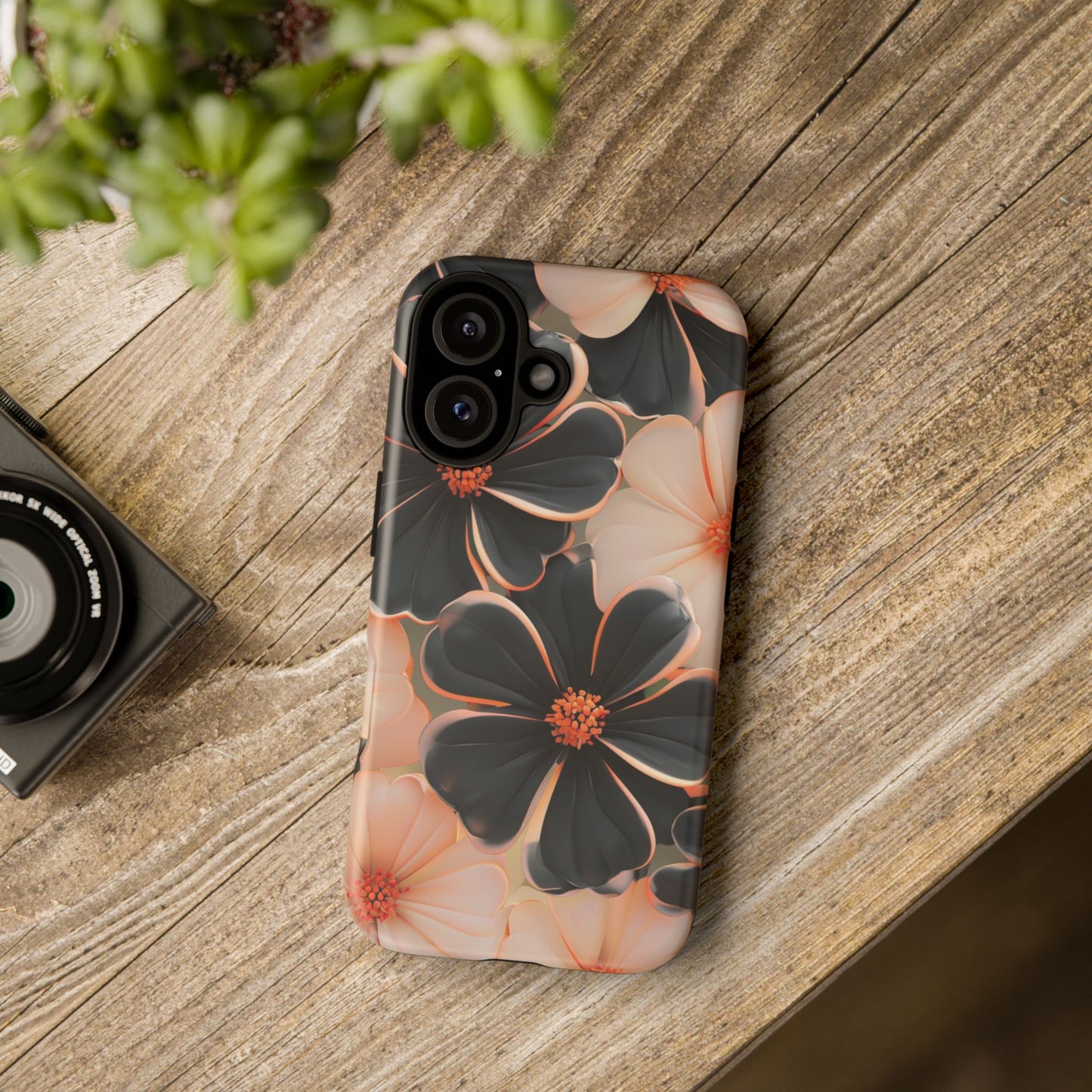 Elegant Black & Peach Floral - Phone Case