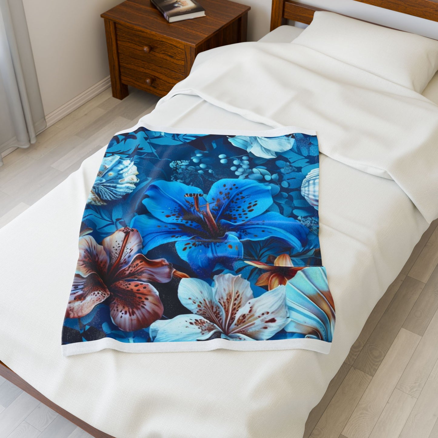 Blue Floral Fantasy - Velveteen Plush Blanket