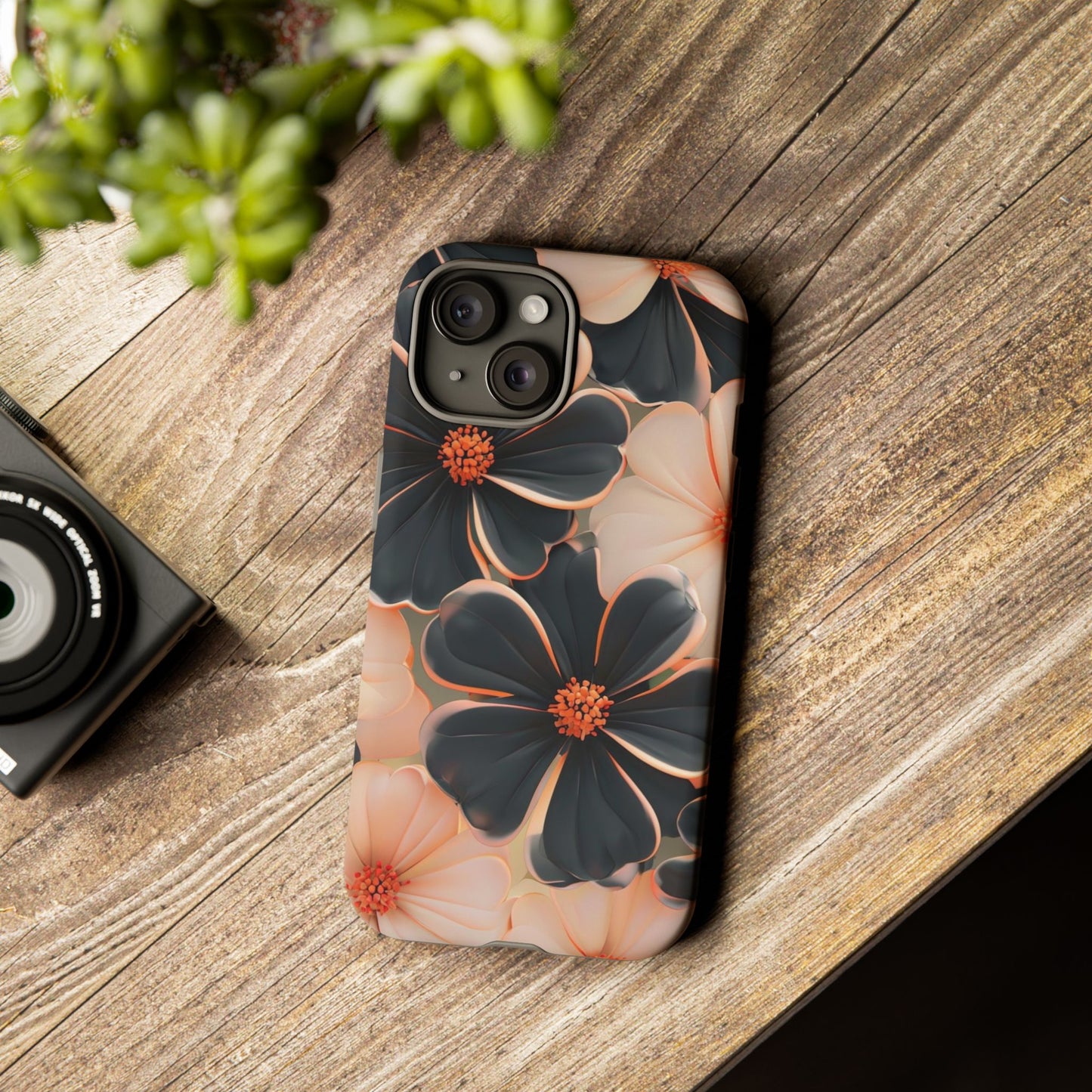 Elegant Black & Peach Floral - Phone Case