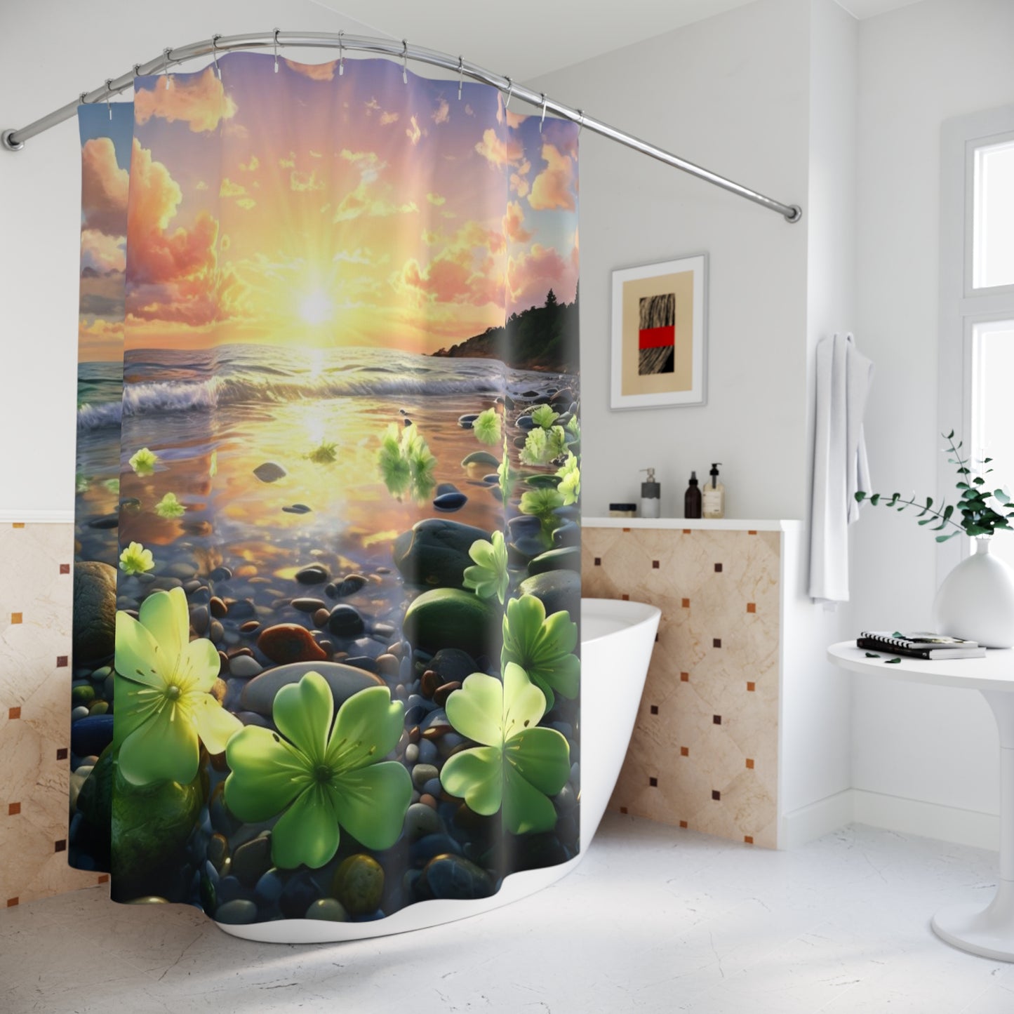 Tropical Green Floral Beach - Shower Curtain
