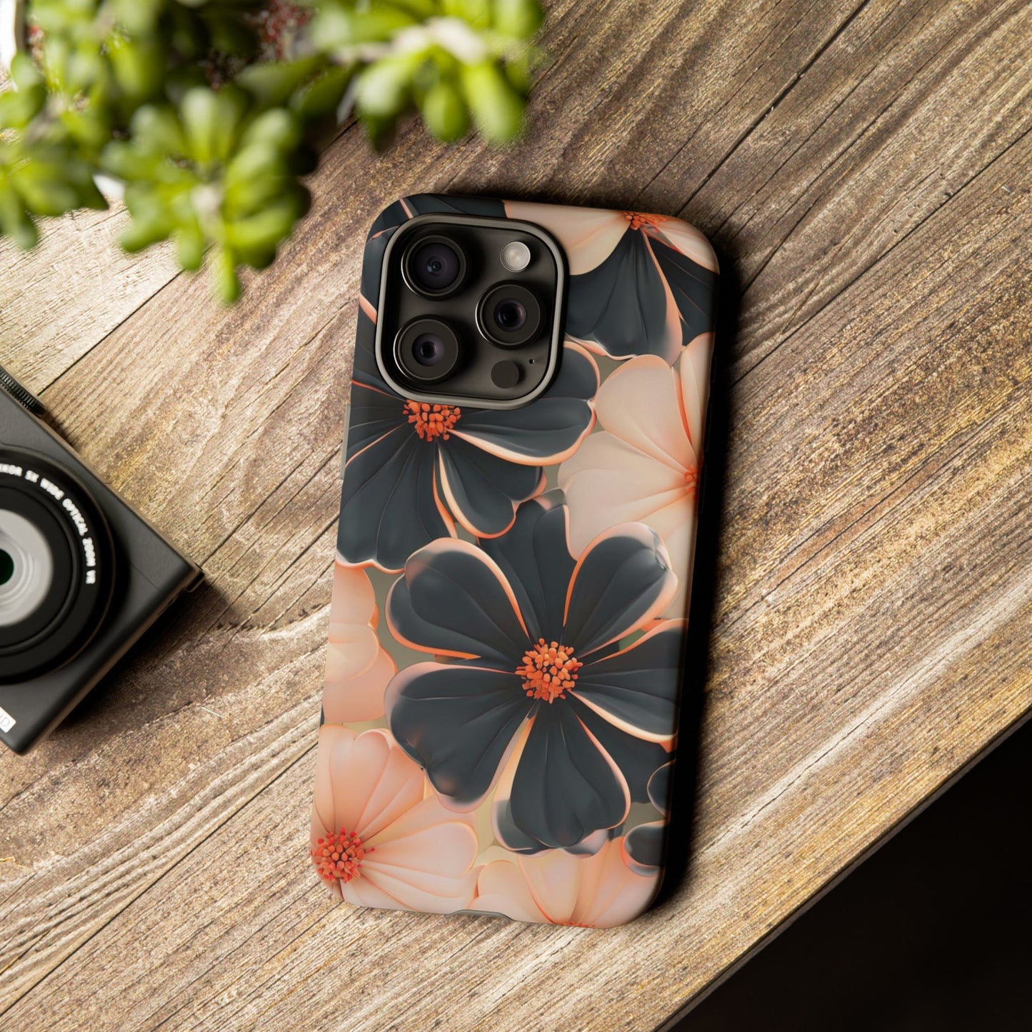 Elegant Black & Peach Floral - Phone Case