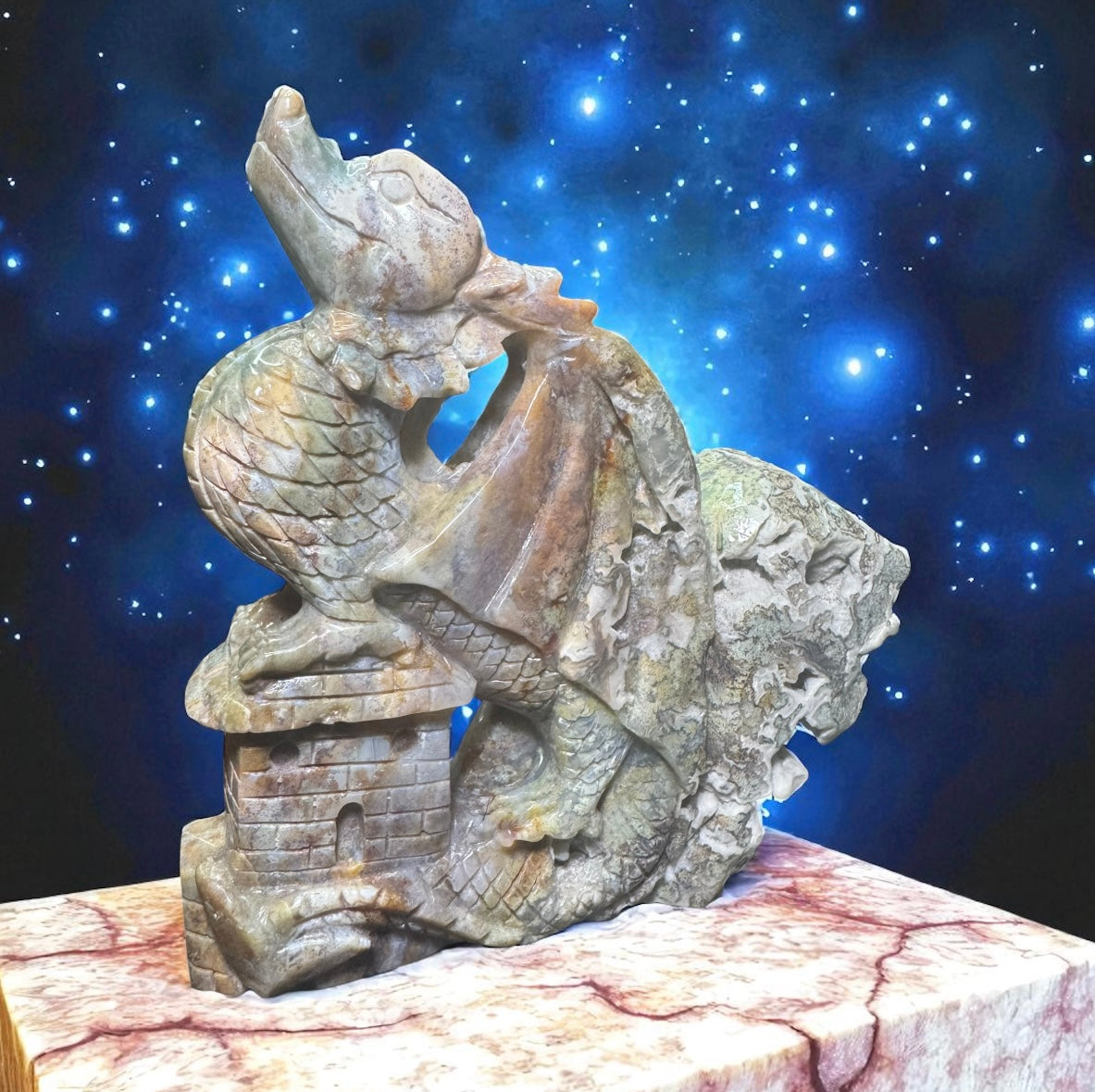 Moss Agate Dragon & Castle