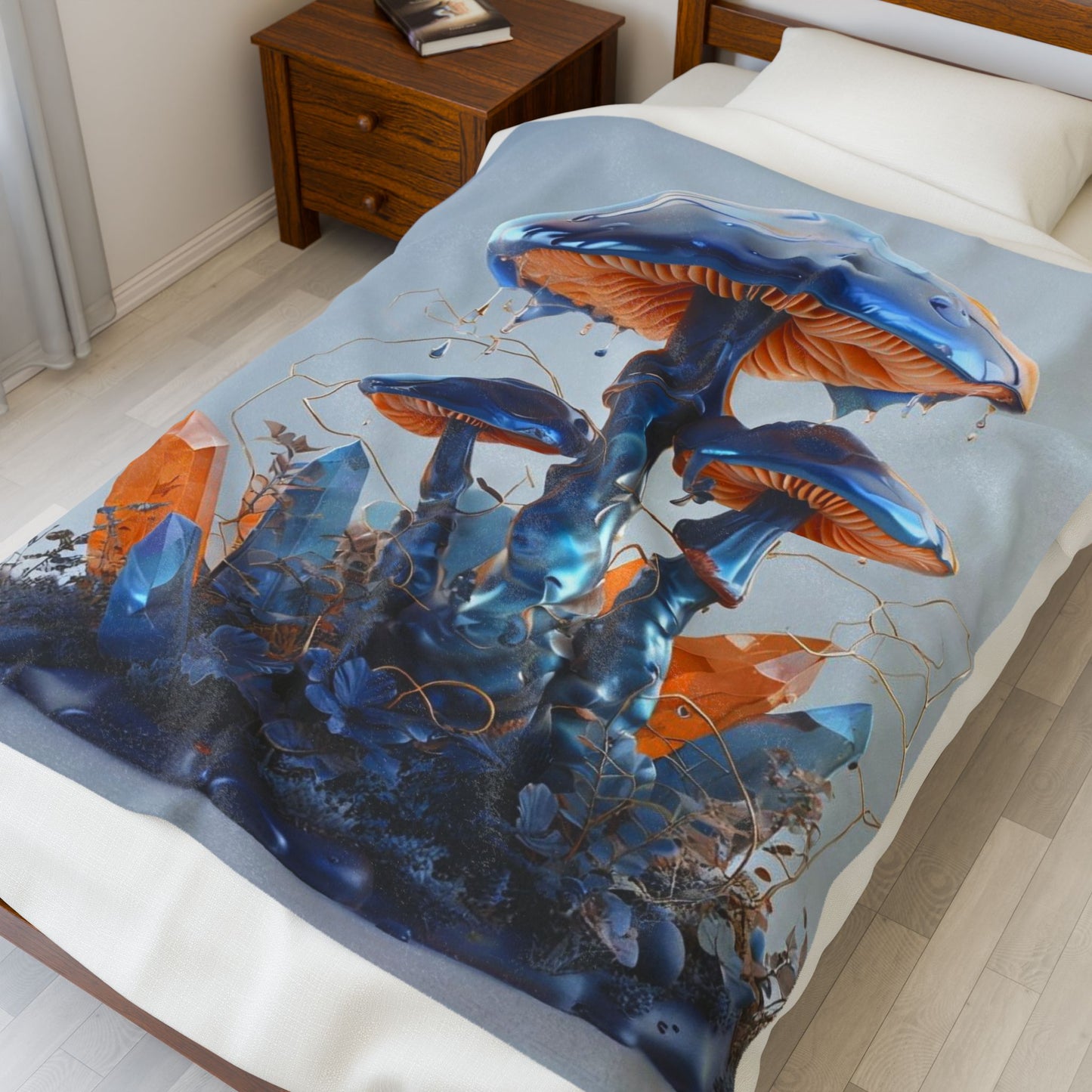 Enchanted Blue Mushrooms & Crystals - Plush Blanket