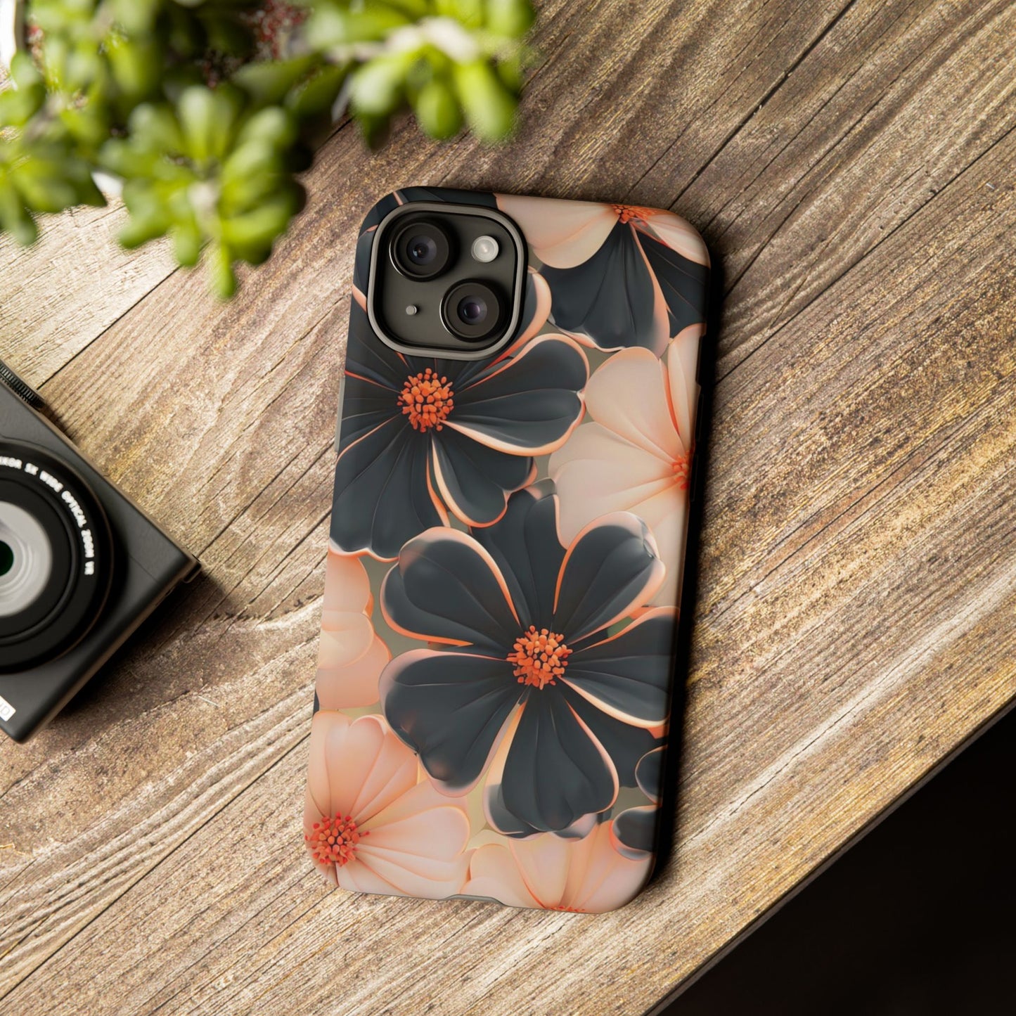 Elegant Black & Peach Floral - Phone Case