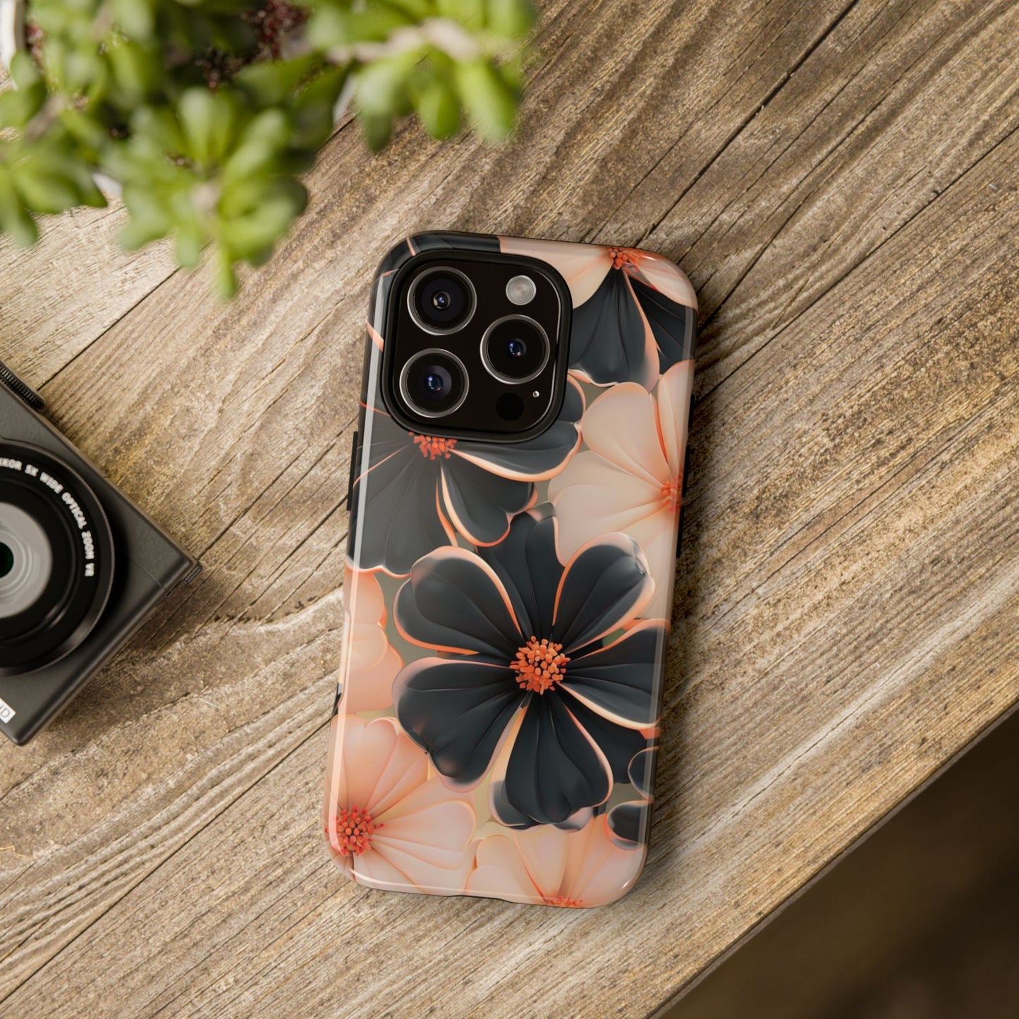 Elegant Black & Peach Floral - Phone Case