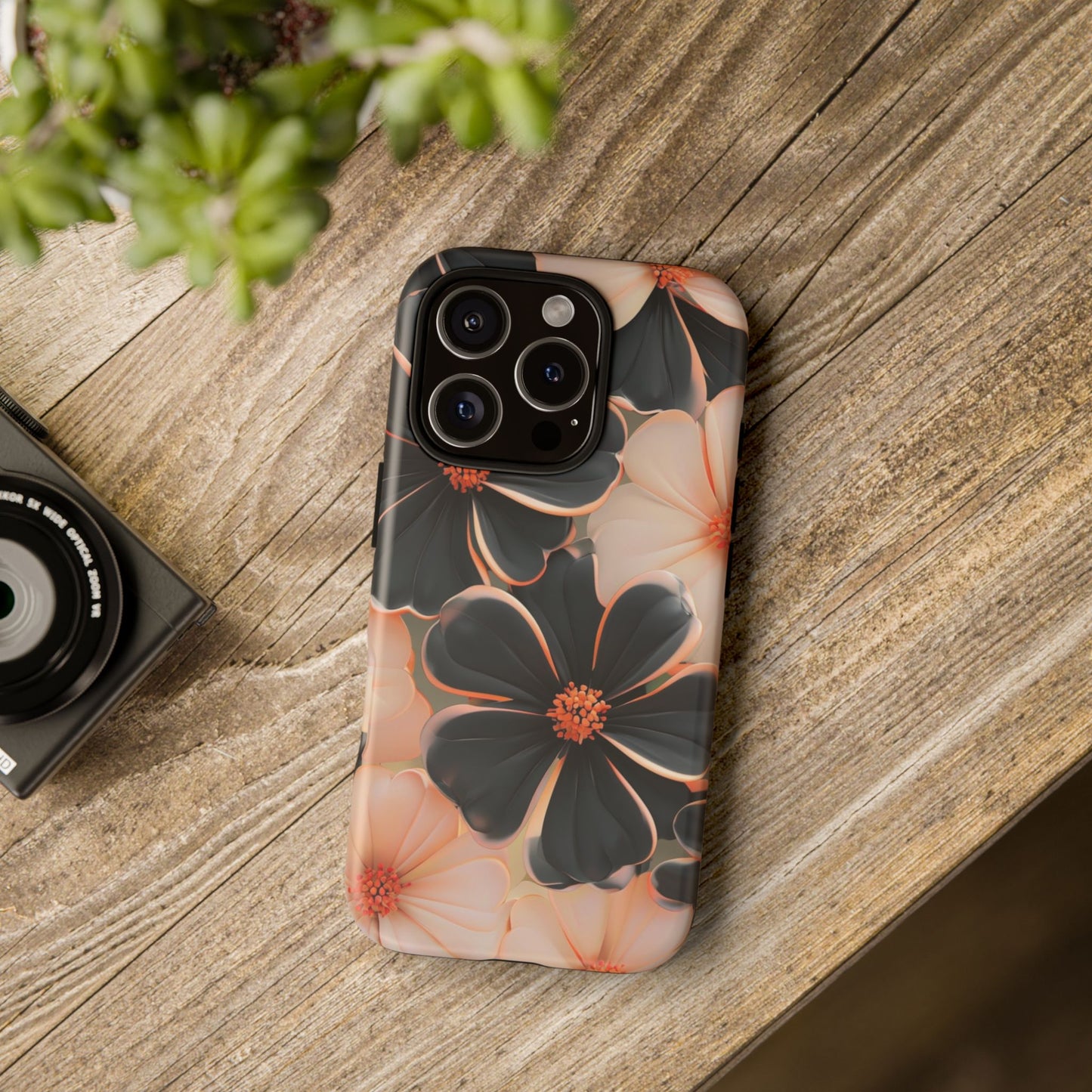 Elegant Black & Peach Floral - Phone Case