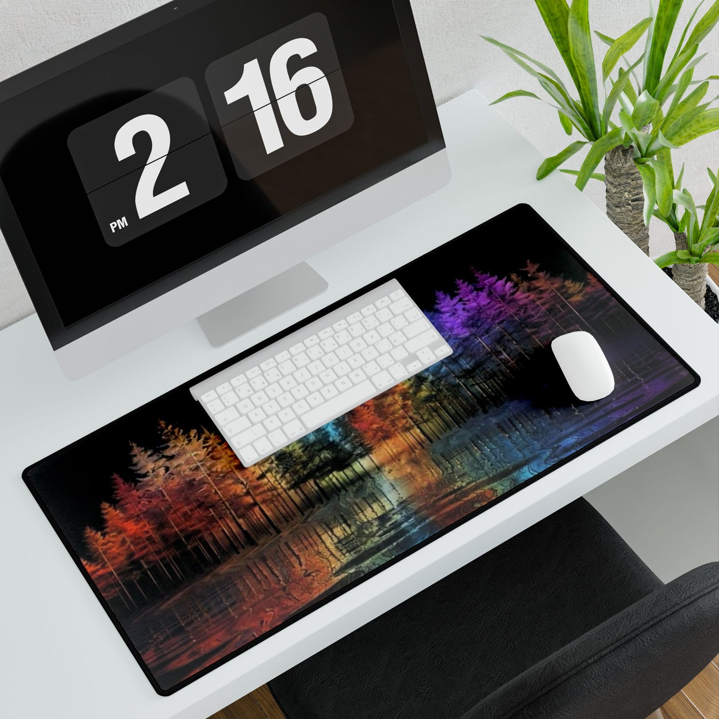 Dreamy Neon Forest Reflection - Desk Mat