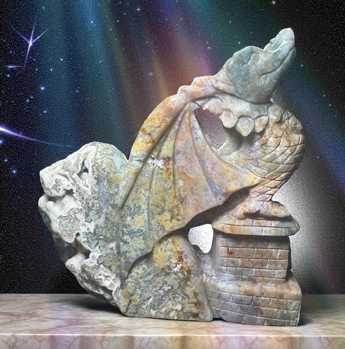Moss Agate Dragon & Castle
