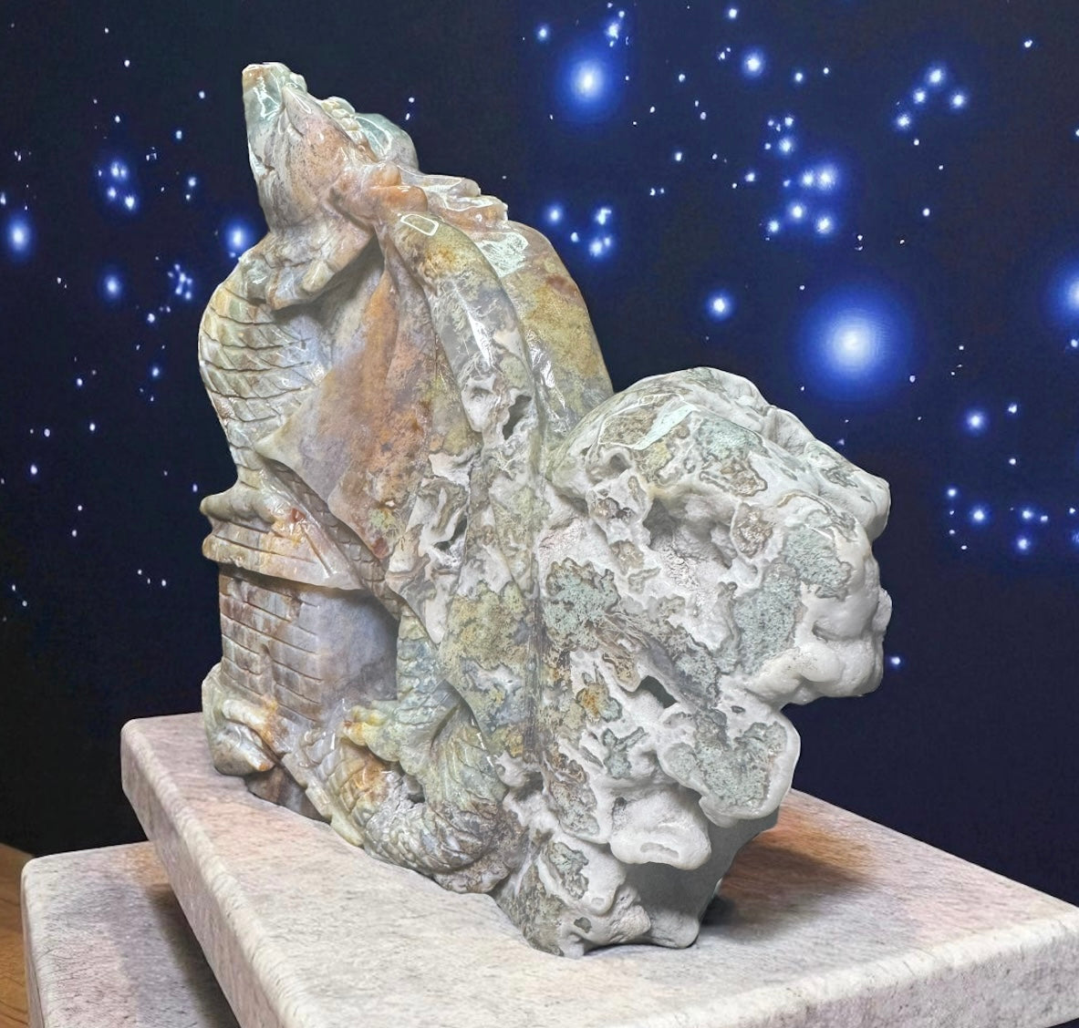 Moss Agate Dragon & Castle