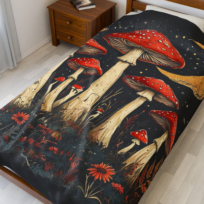 Boho Mushroom Moon - Velveteen Plush Blanket