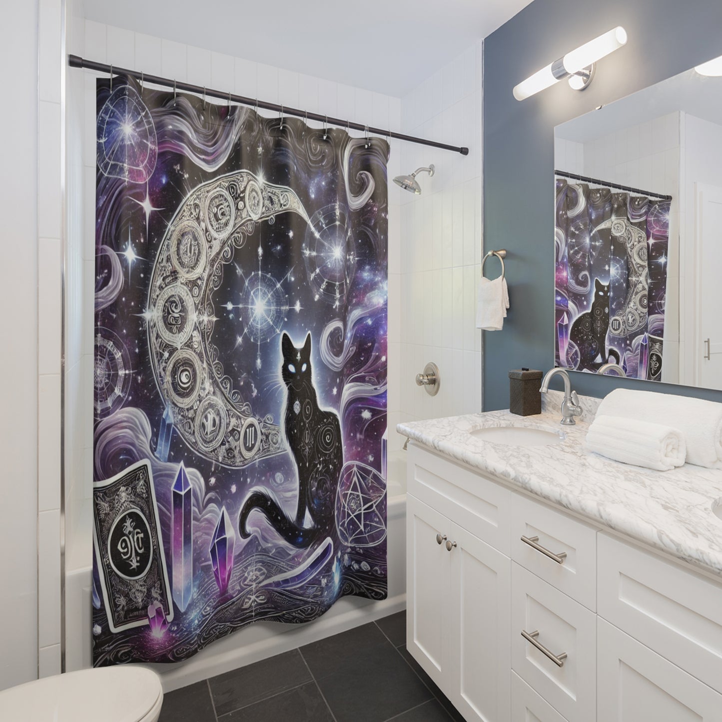 Mystical Black Cat & Moon  - Shower Curtain