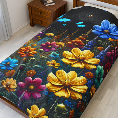 Whimsical Floral Meadow  - Velveteen Plush Blanket
