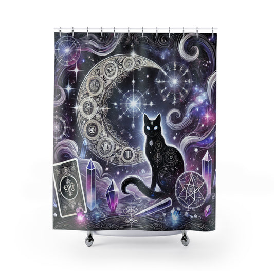 Mystical Black Cat & Moon  - Shower Curtain