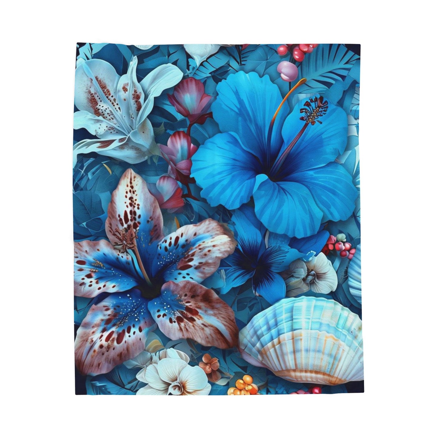 Tropical Blue Floral & Seashell - Plush Blanket