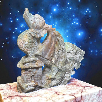 Moss Agate Dragon & Castle