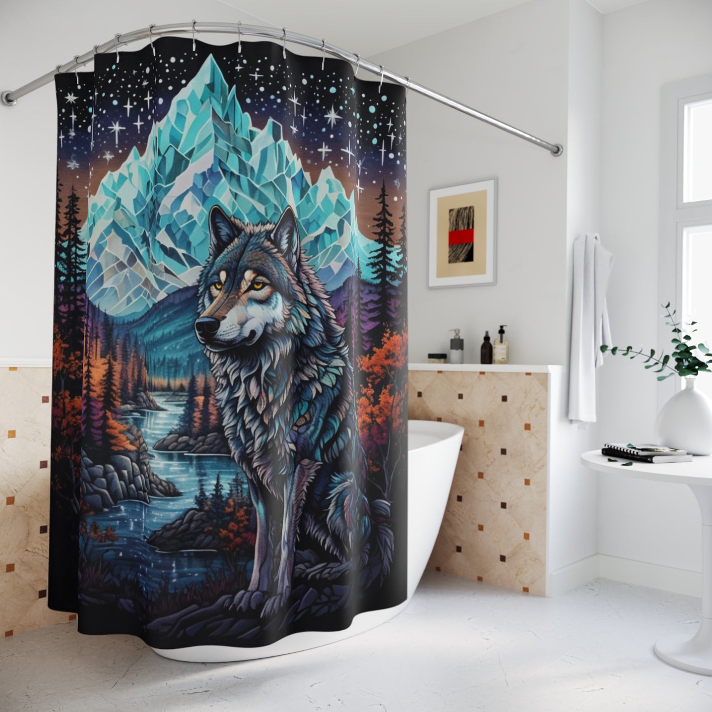 Majestic Wolf & Mountain  - Shower Curtain