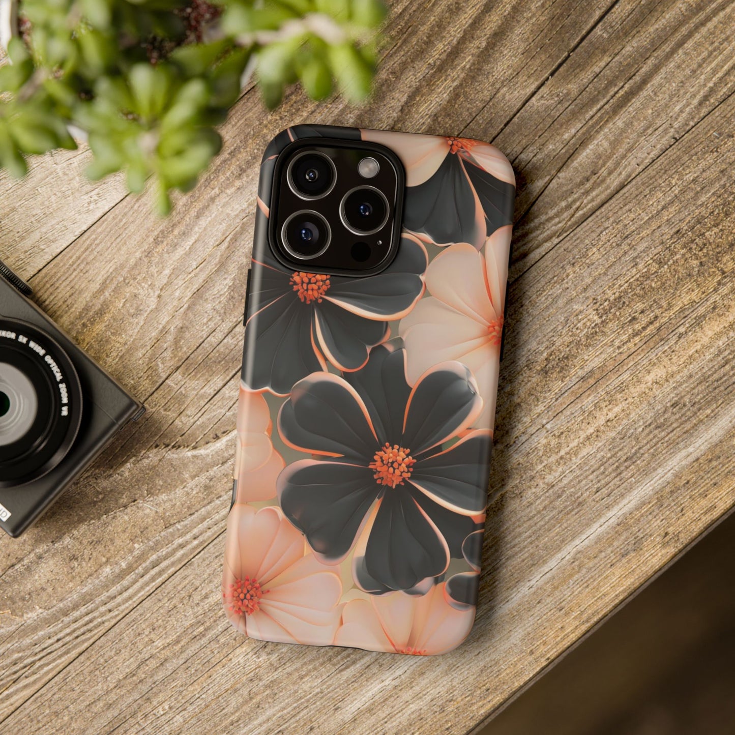Elegant Black & Peach Floral - Phone Case