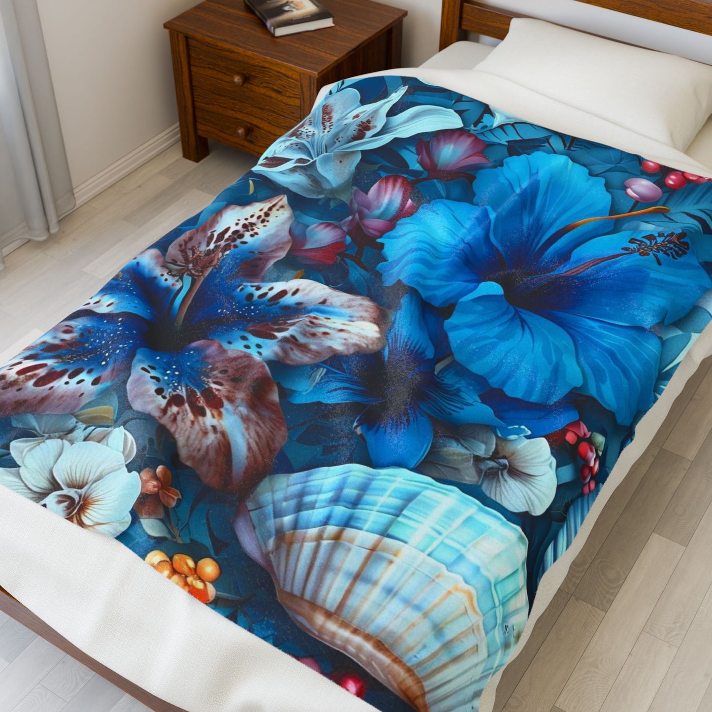 Tropical Blue Floral & Seashell - Plush Blanket