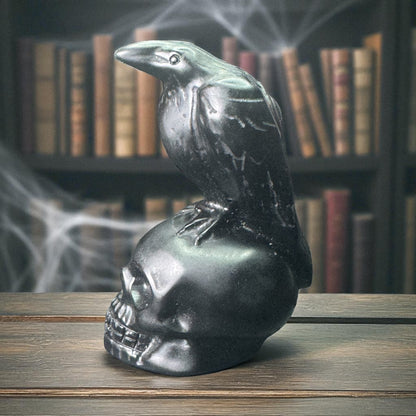 Black Obsidian Raven on Skull